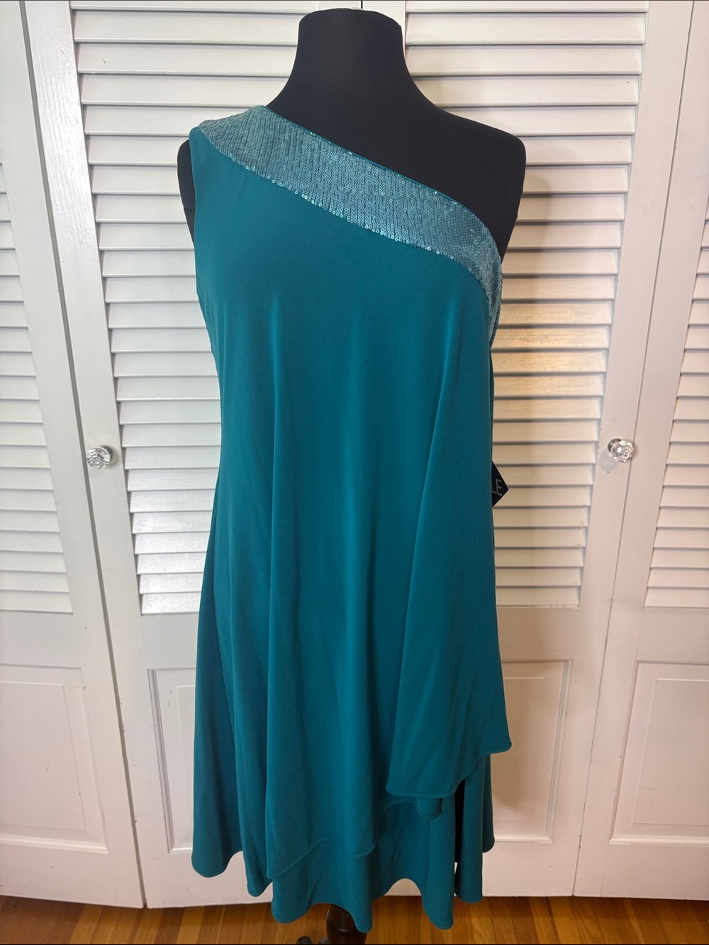R&M Richards NWT One-Shoulder Teal Cocktail Dress with Sparkle Trim